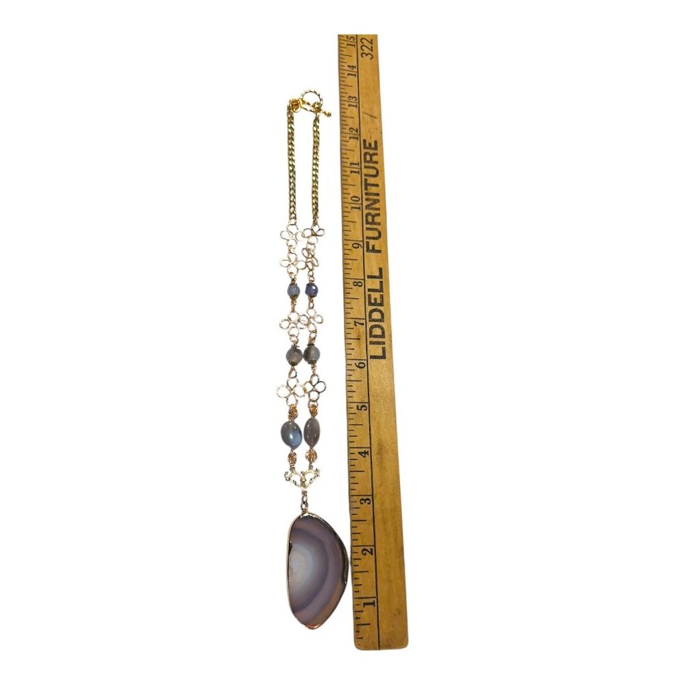 Artisan Hammered Lotus Flower Necklace W/ Agate Pendant Labradorite & Chalcedony - Picture 6 of 17
